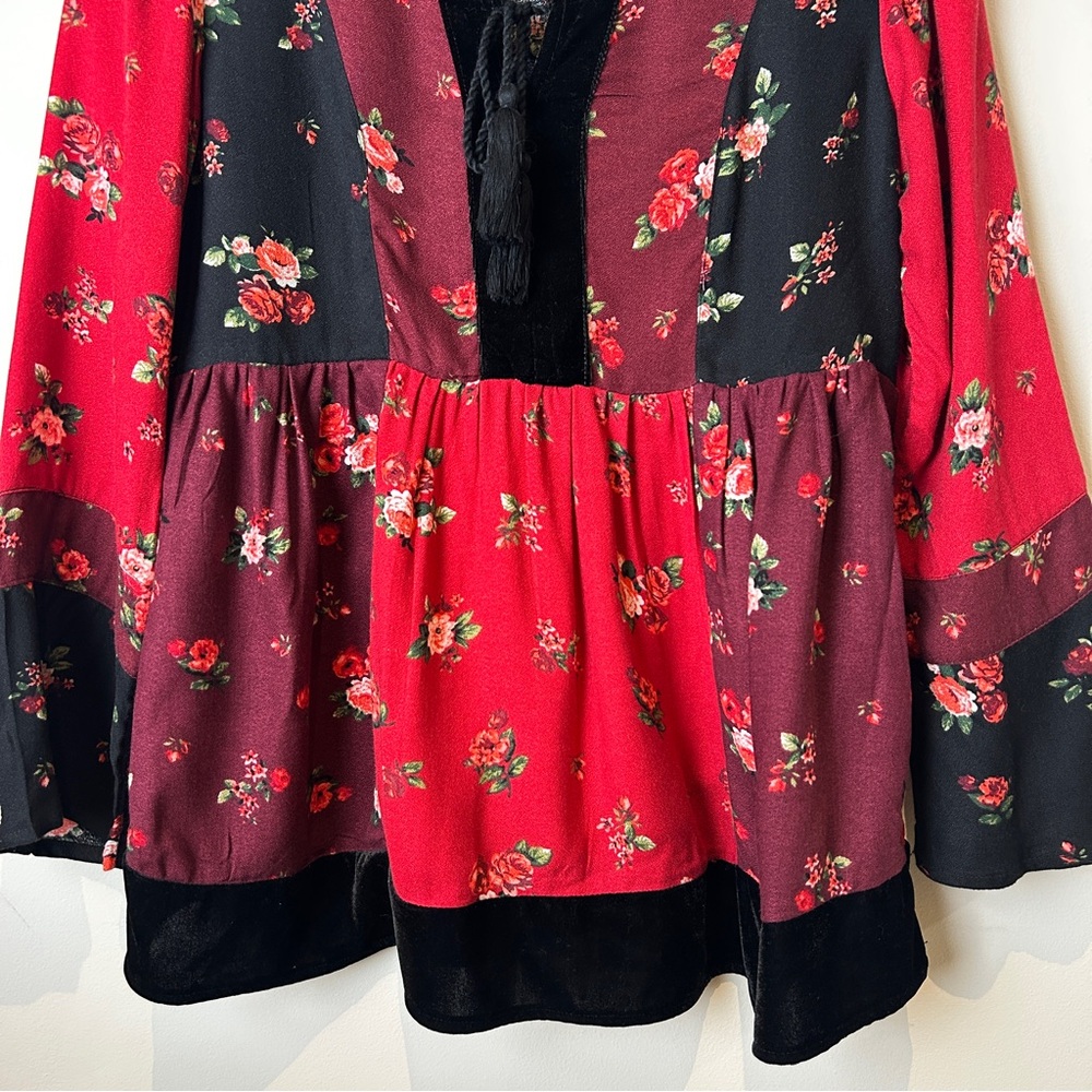 Style & Co. Floral Patchwork Red Black Peasant Whimsygoth Blouse w/ Velvet - Picture 6 of 11